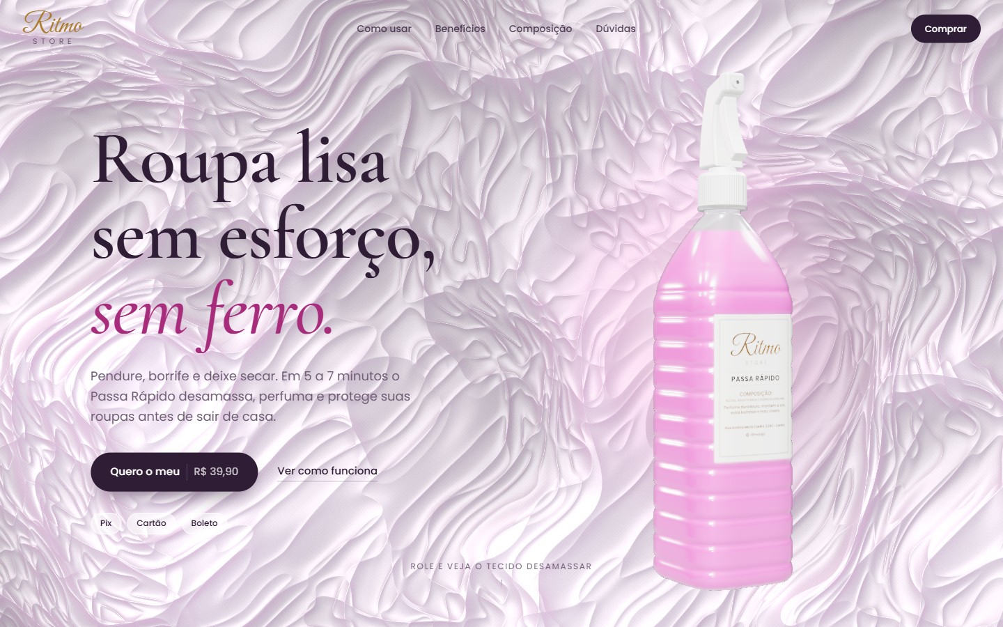 Página inicial do site da Ritmo Store com o frasco do Passa Rápido em 3D
